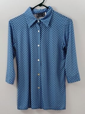 🇮🇹 Women's Italian Blue & Lavender Geometric Button-Up Blouse 3/4 Sleeves -  S
